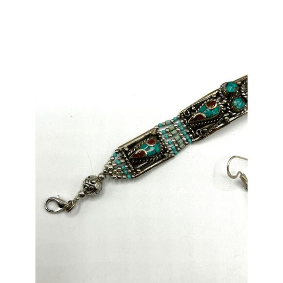 Turquoise & Coral Tibetan Silver Bracelet and Earrings Set - Picture 7 of 10